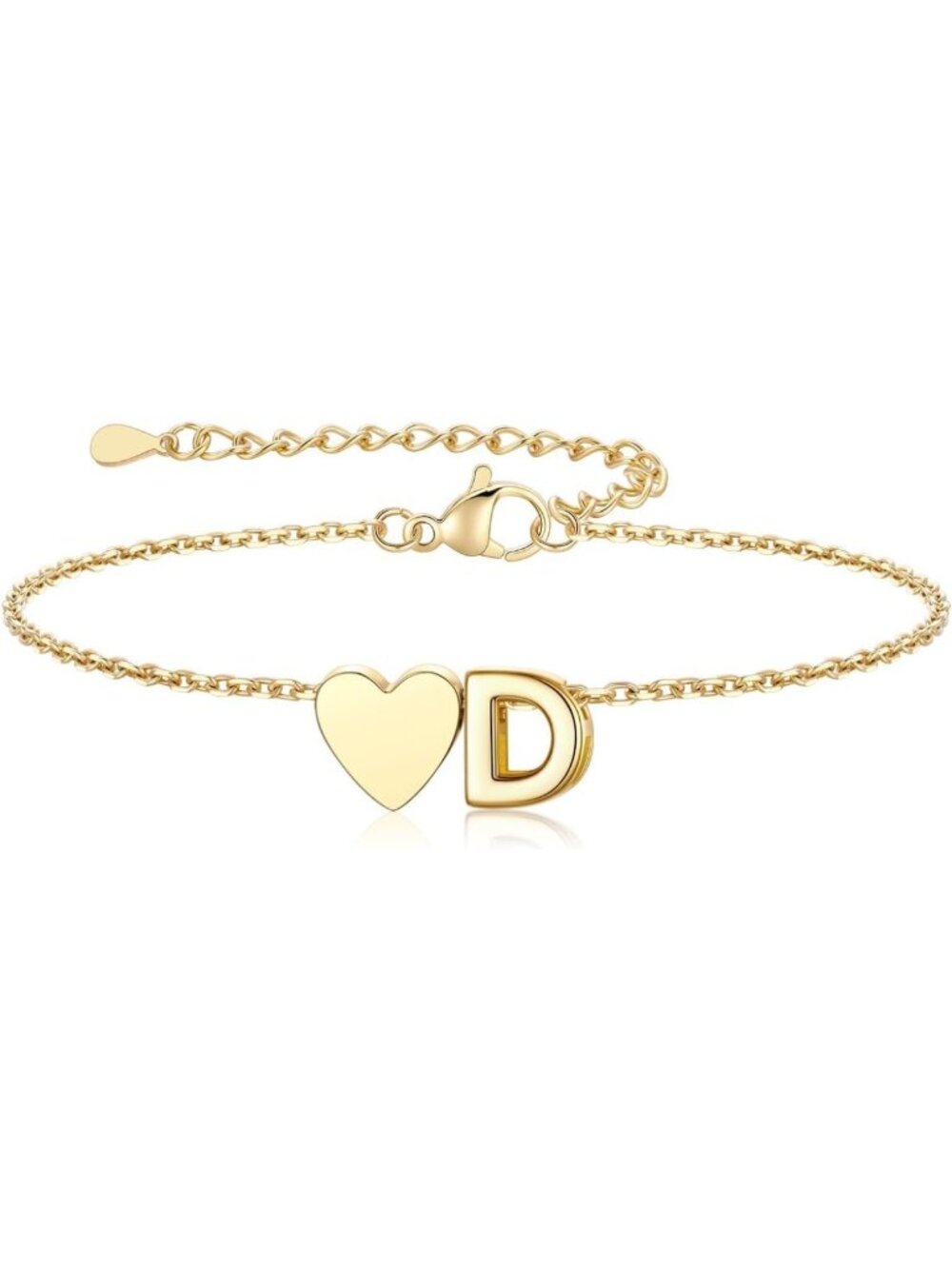 Personalized Initial Heart Charm Bracelet for Women - Dainty Adjustable 6.3"+2